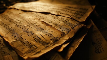 Closeup of old sheet music in dark background