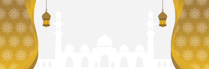 Gold Islamic background, with lantern ornament, mandala and mosque silhouette. free copy space area. design for banners, greeting cards for Islamic holidays, Eid al-Fitr, Ramadan, Eid al-Adha