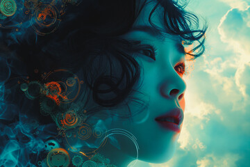 Fototapeta premium A woman's face is shown in a blue sky with a lot of smoke