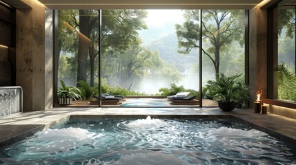 A hydrotherapy pool in a spa with water jets and a panoramic view of nature.