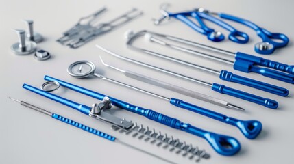 A laparoscopy surgical set with instruments, displayed isolated on white.