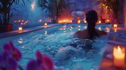 A luxury spa scene where a male therapist adjusts the settings on a hydrotherapy bath before a woman steps in, surrounded by softly lit candles and orchids.