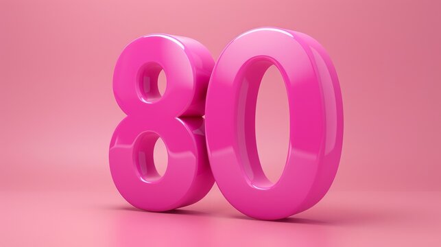 A realistic glossy 3D style imitation pink number 80 displayed on a matching pink background