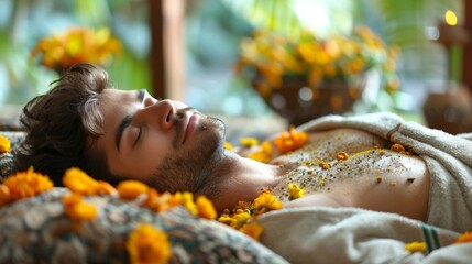 A man enjoying a therapeutic herbal compress massage in a spa designed with traditional herbal remedies.