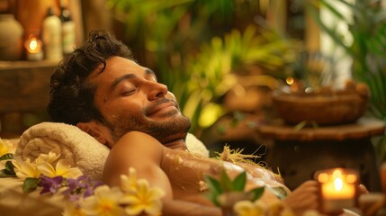 A man enjoying a therapeutic herbal compress massage in a spa designed with traditional herbal remedies. - Powered by Adobe