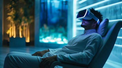 A man in a reclining spa chair enjoying a virtual reality massage experience with a serene digital environment.