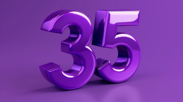 A realistic glossy number 35 in 3D style imitation is displayed on a purple background