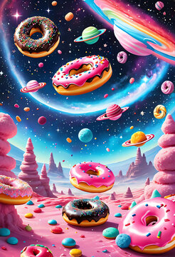 Naklejki colorful donuts poster with fantasy space and planet concept
