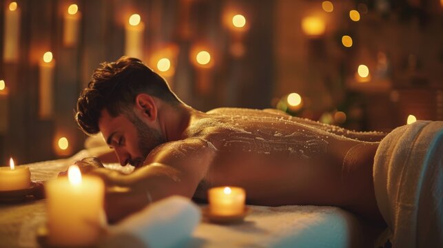 A man receiving a back scrub treatment in a spa with candlelight and soft, ambient sounds.