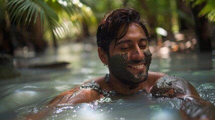 A man receiving a mud treatment in an eco-friendly spa surrounded by natural beauty.