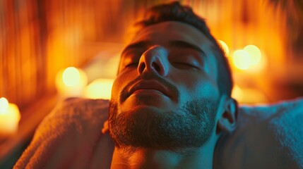 A man relaxing during a sound therapy session with tuning forks in a spa that specializes in sound healing.