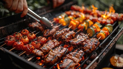 Barbecue grill with various products, meat and vegetables on the rack. man hands holding tongs over fire in garden party or family gathering for outdoor summer food