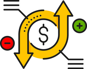 Profit and loss color line icon features rotating circular arrows symbolizing financial growth or decline, dollar sign, plus and minus balance, represent financial outcomes and performance analysis