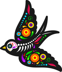 Mexican day of the dead swallow bird animal sugar skull tattoo. Isolated vector vibrant flying bird with bones, intricate patterns, bold colors and floral motifs, symbolizing joy of life and death