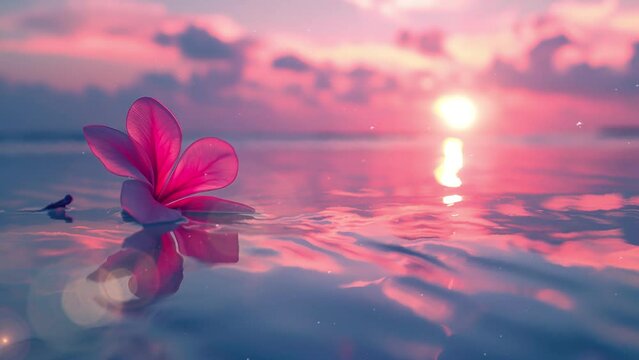 tender pink sunset at the sea pink flower reflection. seamless looping overlay 4k virtual video animation background