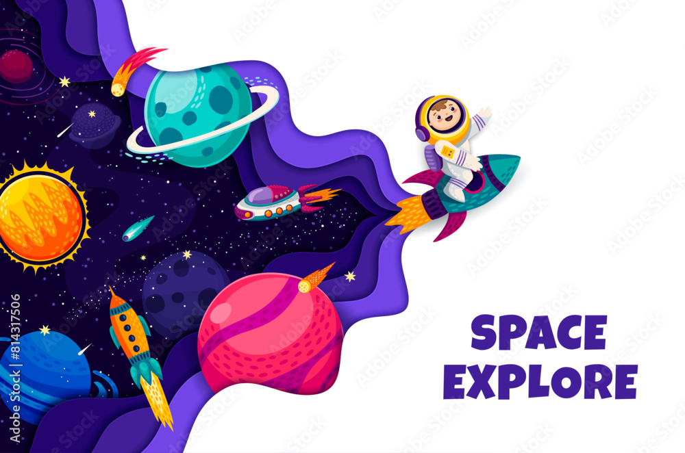 Poster space explore paper cut banner. kid astronaut on space rocket. universe exploration, outerspace trav
