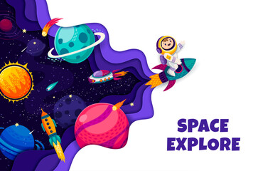 Space explore paper cut banner. Kid astronaut on space rocket. Universe exploration, outerspace travel vector horizontal banner with boy spaceman cartoon character flying on spaceship, galaxy planets
