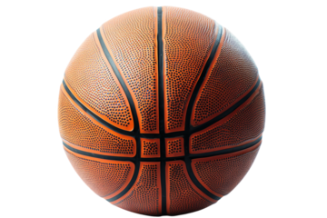 Single orange basketball with black lines isolated on a transparent background