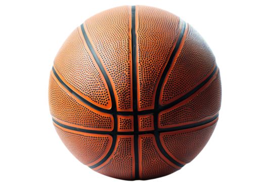 Single orange basketball with black lines isolated on a transparent background