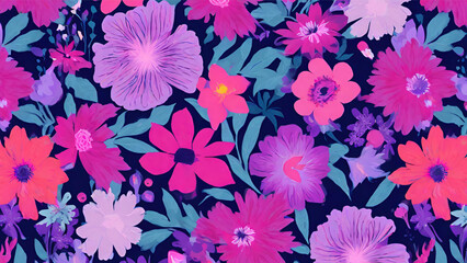 A Pattern Featuring A Variety Of Spring Flowers In Full Bloom. Purple Based