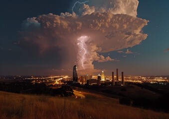 Nighttime Lightning Strike Illuminates Industrial Cityscape, Captured Against a Dramatic, Cloud-Filled Sky