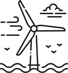 Green energy, clean and eco wind power linear icon. Alternative energy source, clean electricity production linear vector sign. Green power generation line pictogram with wind turbine on sea shelf