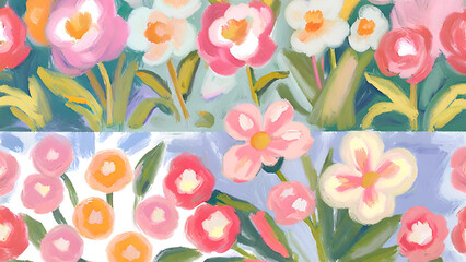 A Pattern Featuring A Variety Of Spring Flowers In Full Bloom Oil Based Paint