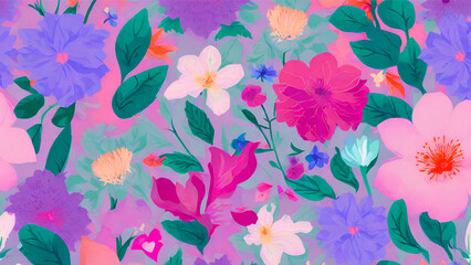A Pattern Featuring A Variety Of Spring Flowers In Full Bloom. Purple Based