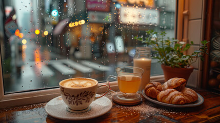 Rainy day view from a cozy café window featuring coffee, croissants, and a warm ambiance.