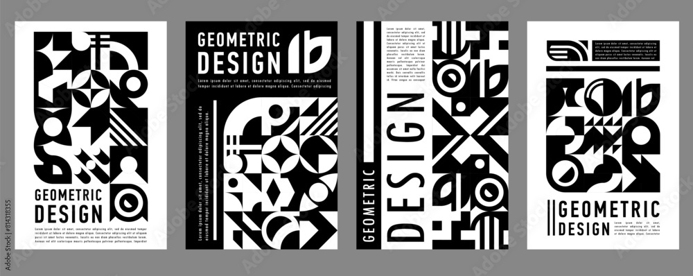 Poster Monochrome business posters with abstract modern geometric pattern. Vector backgrounds or presentation templates with minimal shapes. Vintage black and white layouts or covers with primitive elements