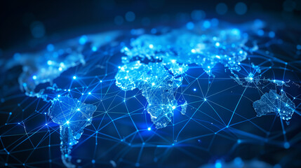 "Abstract map of the world, showing global connections and internet technology, international data sharing and cyber networking, worldwide commerce, info exchange, and telecom"