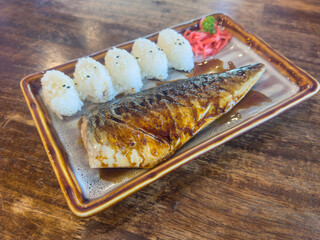 Grilled Mackerel in Teriyaki Sauce with Japanese rice. Delicious Saba Teriyaki recipe in the restaurant.