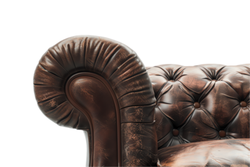 An old brown leather armchair, isolated against a transparent background, reminiscent of an ancient sculpture