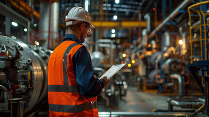 A focused construction worker reviewing architectural plans at a large industrial site.