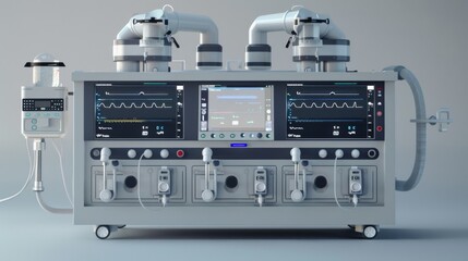 Obraz premium Anesthesia machine with multiple vaporizers and patient monitoring screen.