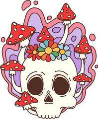 Retro groovy skull with hippie flowers and psychedelic mushrooms, cartoon vector. 70s groovy art symbol and hippie style element of skeleton skull with rainbow flowers for hipster funky sticker