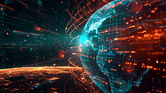 "Digital globe spinning out of control: Hyper-speed global network, excessive connectivity on Earth, super-fast data transfer in a frenzy of crazy exchanges"