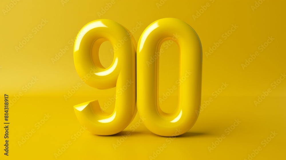 Sticker golden number 90 in a glossy 3d style imitation set on a vibrant yellow backdrop