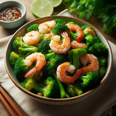 Broccoli and shrimp stir-fry in a ceramic dish on a wooden table. Concept of homemade-style food.