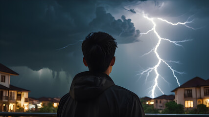 Man wach a  flash of lightning on dark background. Cloud storm sky with thunderbolt over rural landscape.
