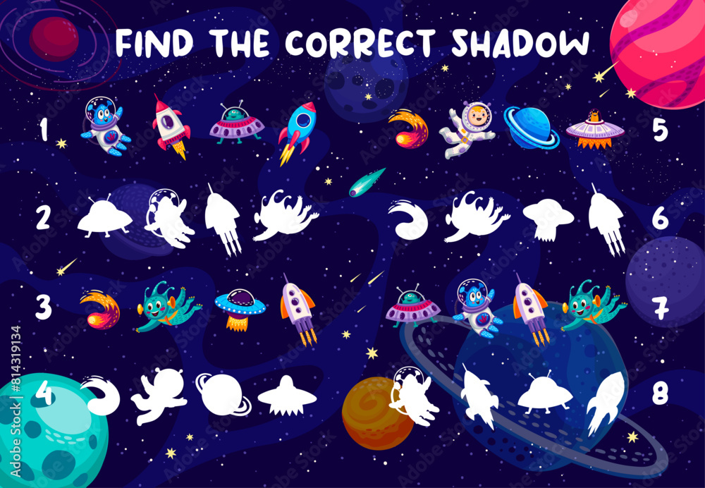 Poster Shadow match game worksheet with UFO and space rocket, alien and spaceship, vector quiz. Kids game to find correct shadow or silhouette of astronaut spaceman and spaceship, planet and alien in space