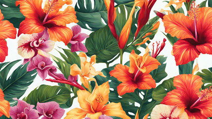 Seamless Pattern of Exotic Hibiscus, Bird of Paradise, and Orchids
