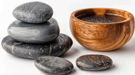 hot stone massage set, including smooth basalt stones and a heating container, isolated on white.