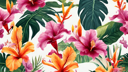 Seamless Pattern of Exotic Hibiscus, Bird of Paradise, and Orchids