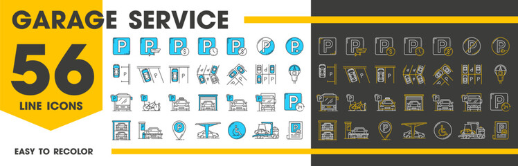 Automatic garage service and parking icons. Line symbols of vector car park slots with bike, bicycle, auto, bus and truck vehicles. Public transport parking area sign, garage lift, ticket, map pointer