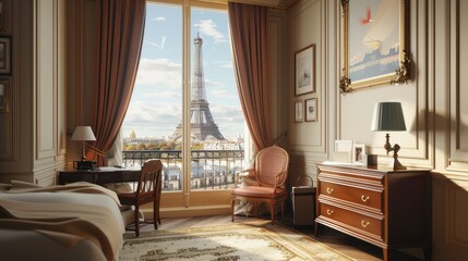 Romantic Paris Hotel Room with Tower View
