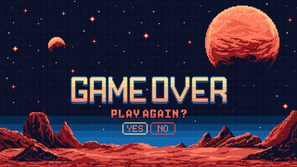 8 bit pixel art video game over screen, mars planet surface landscape. Vector arcade game background, computer game over notification with yes or no choice buttons. Galaxy adventure 8bit gamer console © Vector Tradition