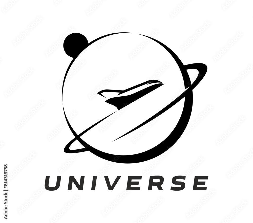 Poster Spaceship icon of space rocket or galaxy shuttle on planet orbit for spaceflight program, vector emblem. Spaceship rocket on planet orbit sign for astronauts academy or galaxy exploration center