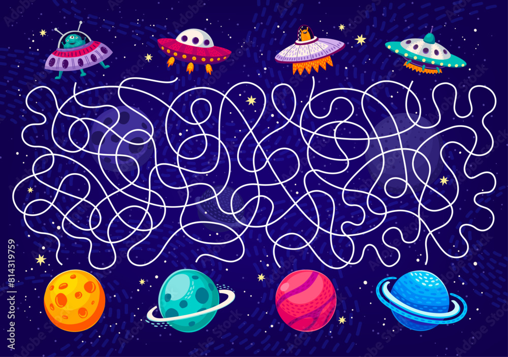 Wall mural Cartoon galaxy labyrinth maze game to help UFO to find planet, vector worksheet puzzle. Kids space labyrinth maze or game quiz with alien UFO and Martians to find way to planet in starry sky