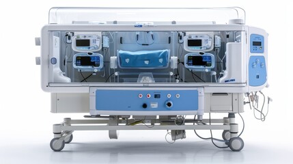 a neonatal incubator, a vital piece of neonatal care equipment, isolated on white.